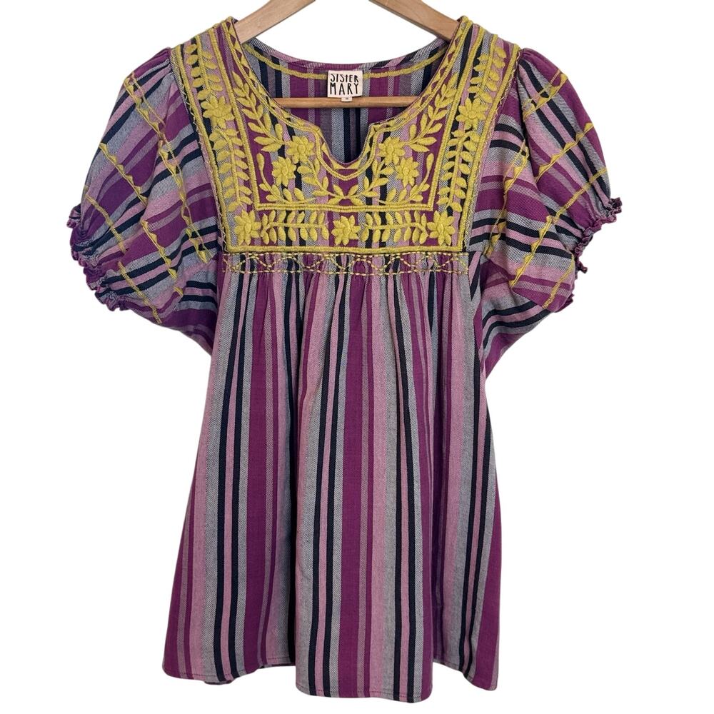Sister Mary Embroidered Peasant Top Sz S Purple Yellow Striped Boho Cotton